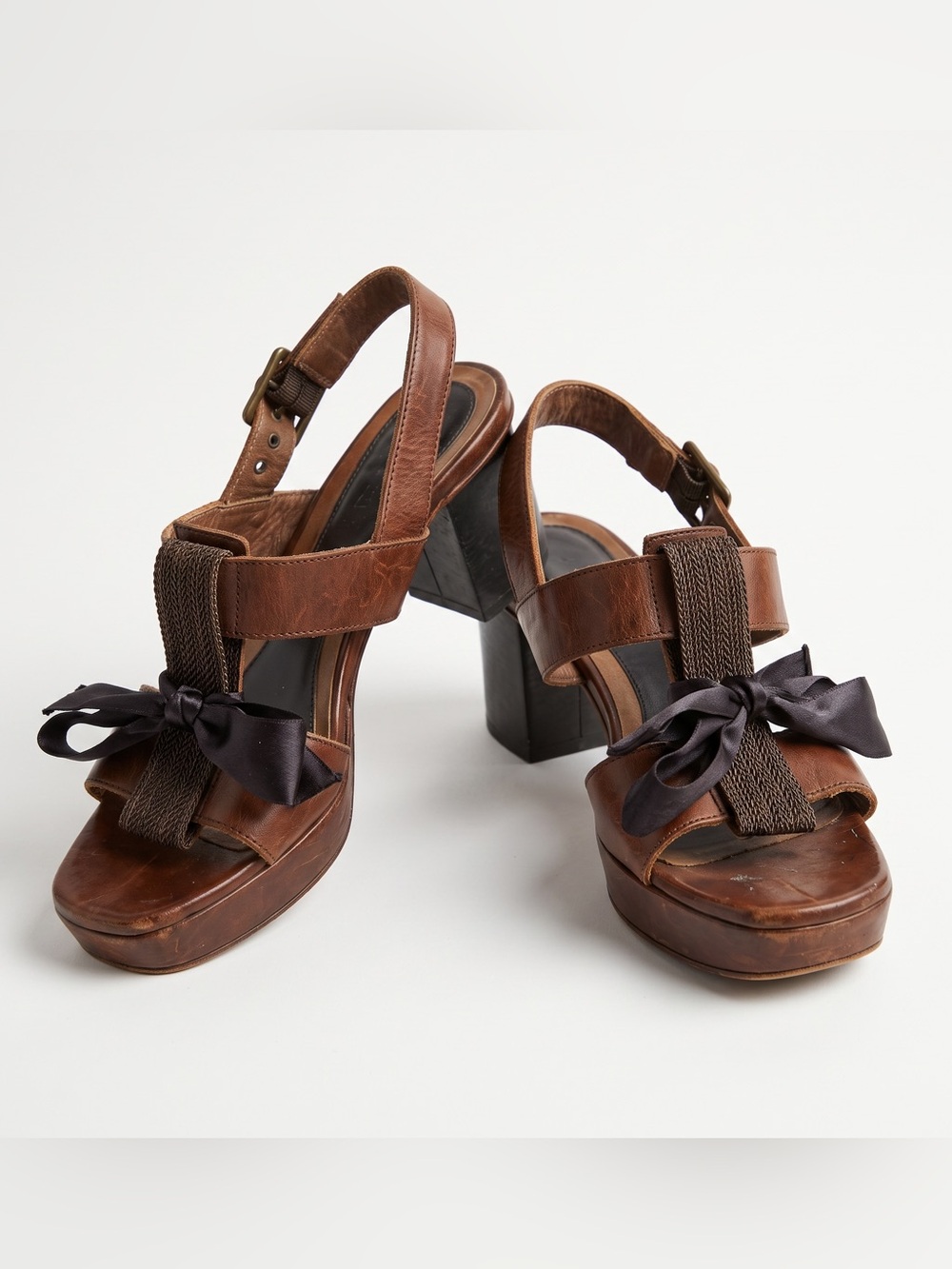 MARNI ITALY BROWN BOW LEATHER SANDAL HEELS 37